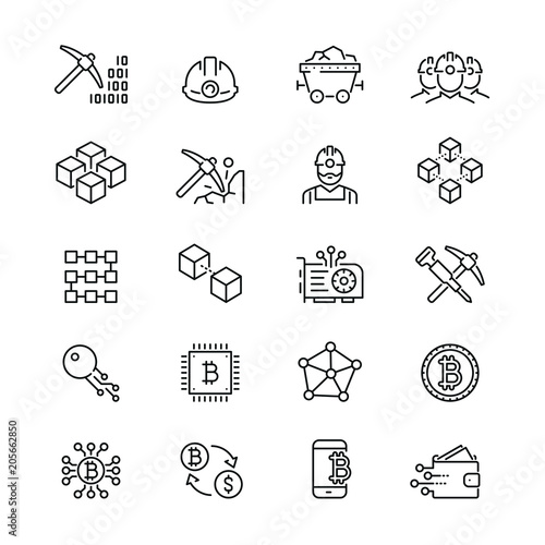 Blockchain and cryptocurrency related icons: thin vector icon set, black and white kit