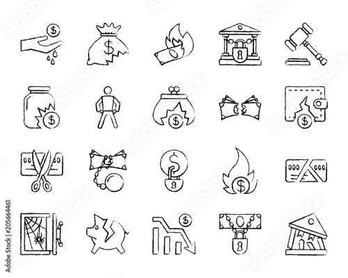 Bankruptcy charcoal draw line icons vector set