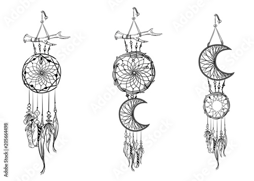 Set of hand drawn dream catchers. Ornate ethnic items, feathers and beads. Monochrome vector illustration.