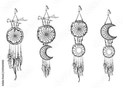 Set of hand drawn dream catchers. Ornate ethnic items, feathers and beads. Monochrome vector illustration.