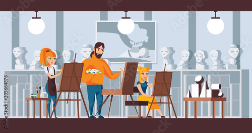 Art studio group scene. Vector horizontal illustration good for fine art courses, studio of watercolor and still life banners. Three characters drawing geometric shapes