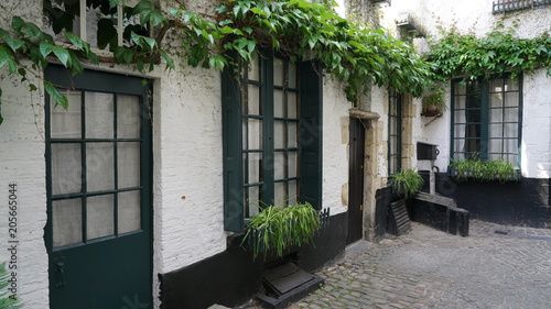 Old cobblestone street with old houses in Antwerp, Belgium.