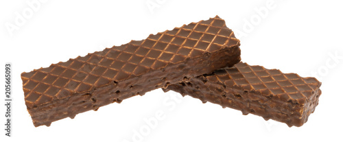 Two chocolate covered peanut butter wafer cookies isolated on a white background.
