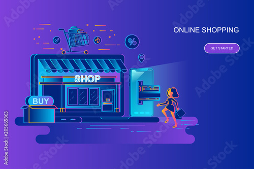 Fototapeta Naklejka Na Ścianę i Meble -  Modern gradient flat line concept web banner of online shopping with decorated small people character. Landing page template.