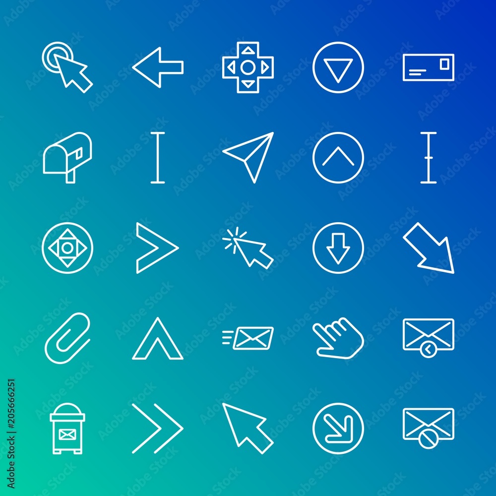 Modern Simple Set of arrows, cursors, email Vector outline Icons. Contains such Icons as sign, diagonal, pointer, click, hand, circle and more on gradient background. Fully Editable. Pixel Perfect. Modern Simple Set of arrows, cursors, email Vector outline Icons. Contains such Icons as sign, diagonal, pointer, click, hand, circle and more on gradient background. Fully Editable. Pixel Perfect.