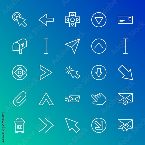 Modern Simple Set of arrows, cursors, email Vector outline Icons. Contains such Icons as sign, diagonal, pointer, click, hand, circle and more on gradient background. Fully Editable. Pixel Perfect.