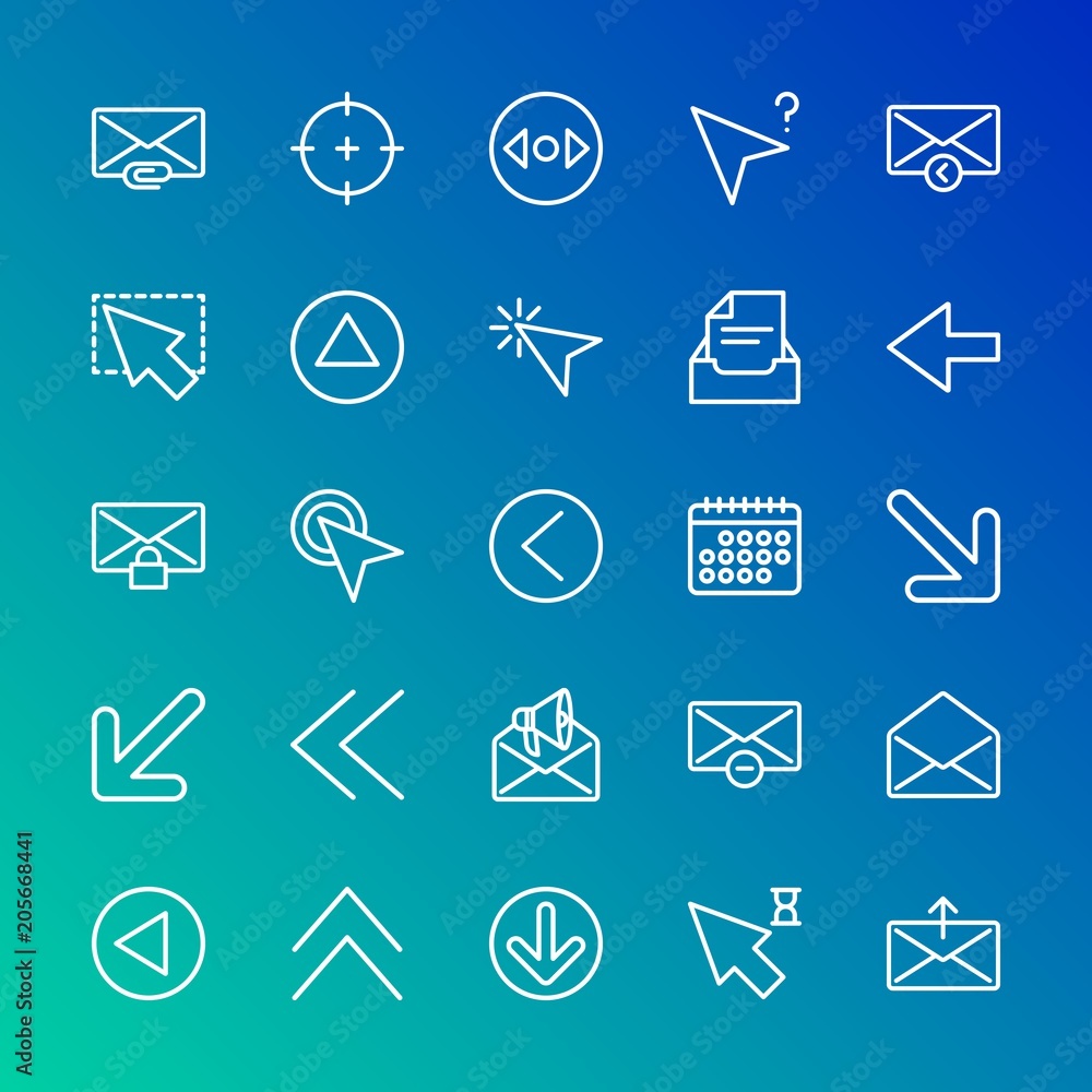 Modern Simple Set of arrows, cursors, email Vector outline Icons. Contains such Icons as circle, click, right, next, target, email and more on gradient background. Fully Editable. Pixel Perfect. Modern Simple Set of arrows, cursors, email Vector outline Icons. Contains such Icons as circle, click, right, next, target, email and more on gradient background. Fully Editable. Pixel Perfect.