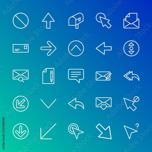Modern Simple Set of arrows, cursors, email Vector outline Icons. Contains such Icons as  arrow,  right,  left,  button,  circular,  up and more on gradient background. Fully Editable. Pixel Perfect.