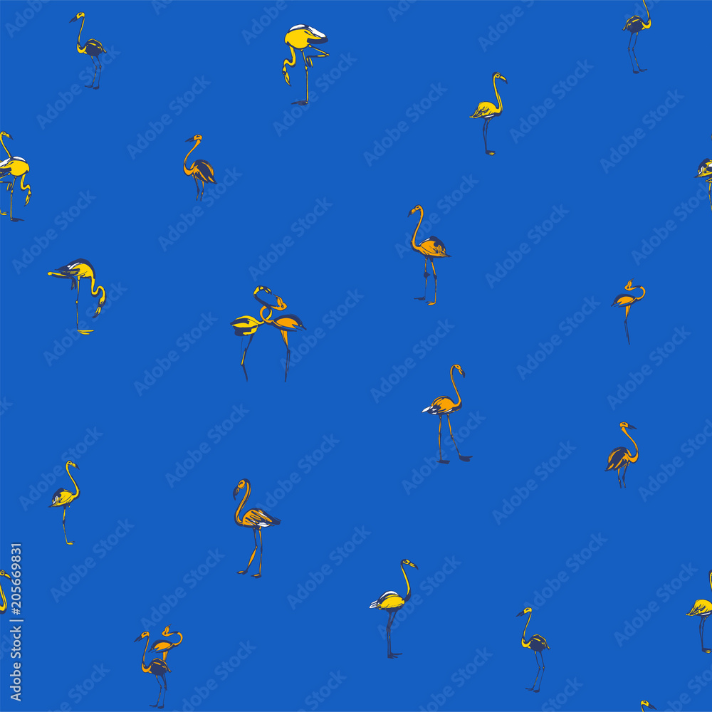 Vector illustration Tropical exotic birds flamingos summer seamless pattern. Yellow and blue Vector illustration Tropical exotic birds flamingos summer seamless pattern. Yellow and blue