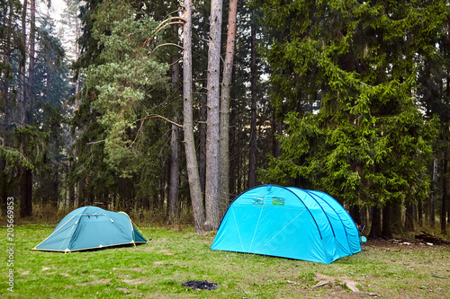 Camping. Two Tourist tents in the forest