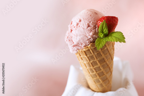 Strawberry ice cream in a waffle