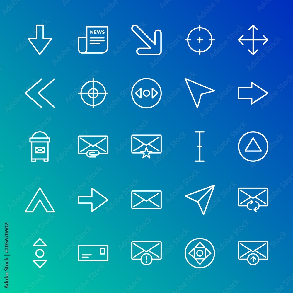 Modern Simple Set of arrows, cursors, email Vector outline Icons. Contains such Icons as mail, cursor, next, web, red, online, up and more on gradient background. Fully Editable. Pixel Perfect. Modern Simple Set of arrows, cursors, email Vector outline Icons. Contains such Icons as mail, cursor, next, web, red, online, up and more on gradient background. Fully Editable. Pixel Perfect.