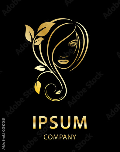 Vector Logo Beauty salon, Hair salon, Cosmetic. Female Face. Black and Gold. Silhouette Outline