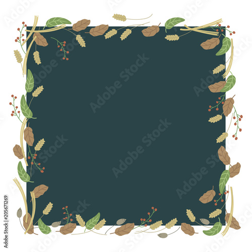 leaves beautiful red berries branches square dark blue green dark season autumn foliage vegetation village garden vintage ogenic Kolos cold isolated on white background Vector drawing