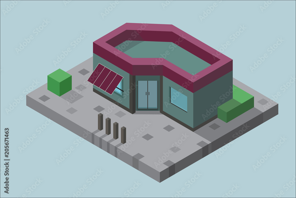 The building in isometric view with the vegetation on the concrete The building in isometric view with the vegetation on the concrete