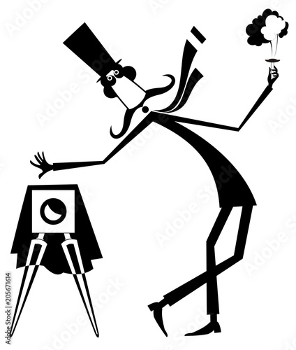Mustache retro photographer illustration isolated. Cartoon long mustache photographer in the top hat makes a photo black on white illustration
