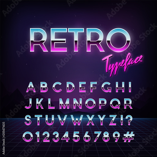 Futuristic retro typeface. 80s style . Vector alphabet.  Template for your design.
