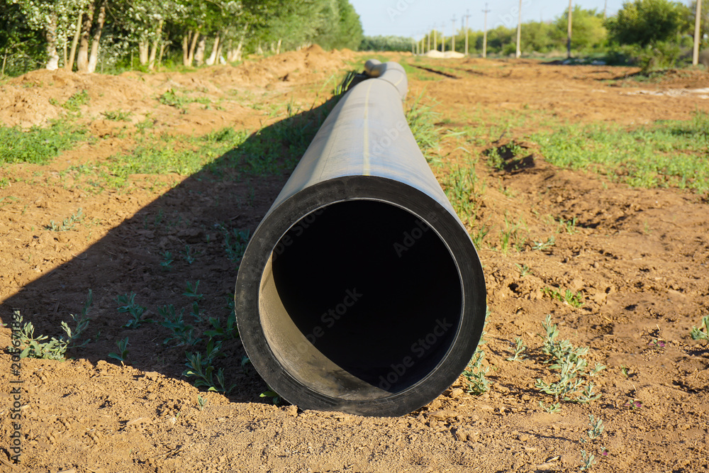 A new pipeline of propylene DN 350 on the background of an oil refinery A new pipeline of propylene DN 350 on the background of an oil refinery