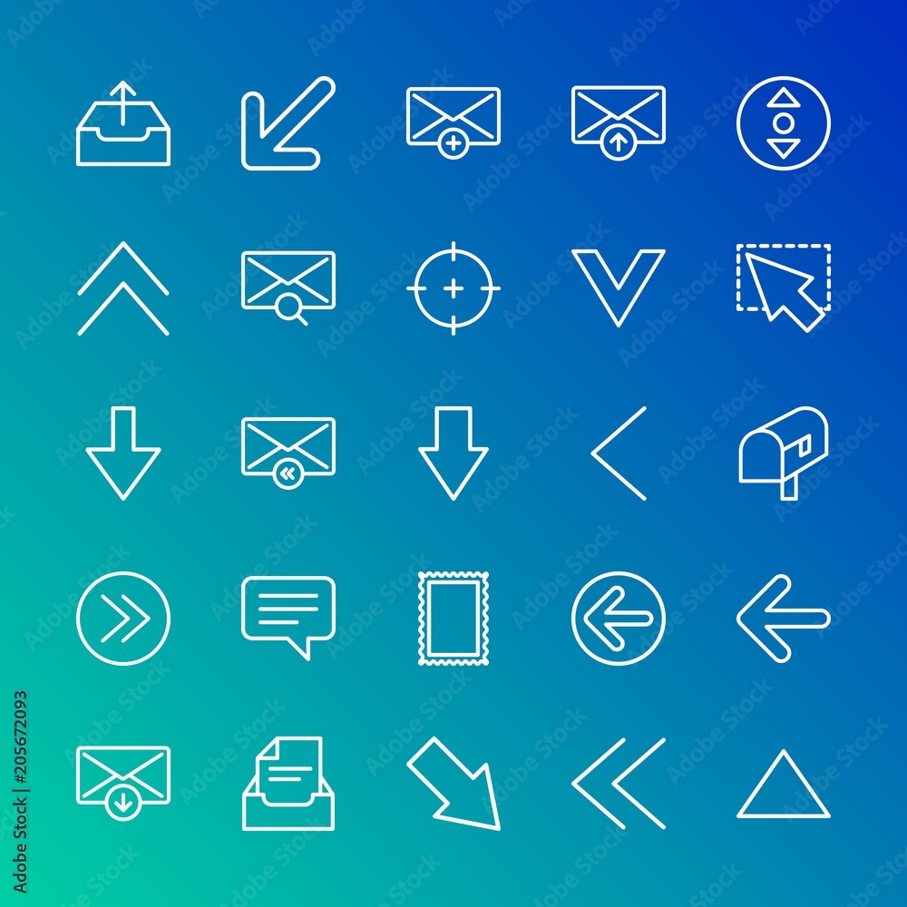 Modern Simple Set of arrows, cursors, email Vector outline Icons. Contains such Icons as answer, update, letter, left, mail, add and more on gradient background. Fully Editable. Pixel Perfect. Modern Simple Set of arrows, cursors, email Vector outline Icons. Contains such Icons as answer, update, letter, left, mail, add and more on gradient background. Fully Editable. Pixel Perfect.
