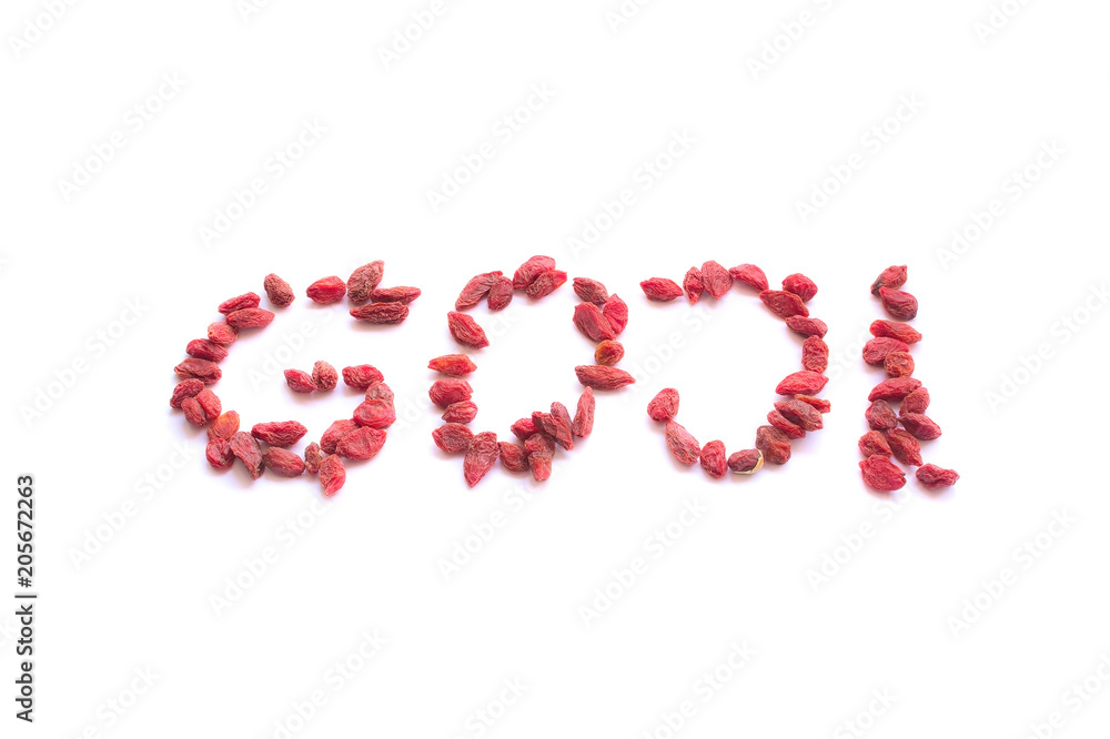 Goji Berries shaped into word 'goji' isolated on white Goji Berries shaped into word 'goji' isolated on white