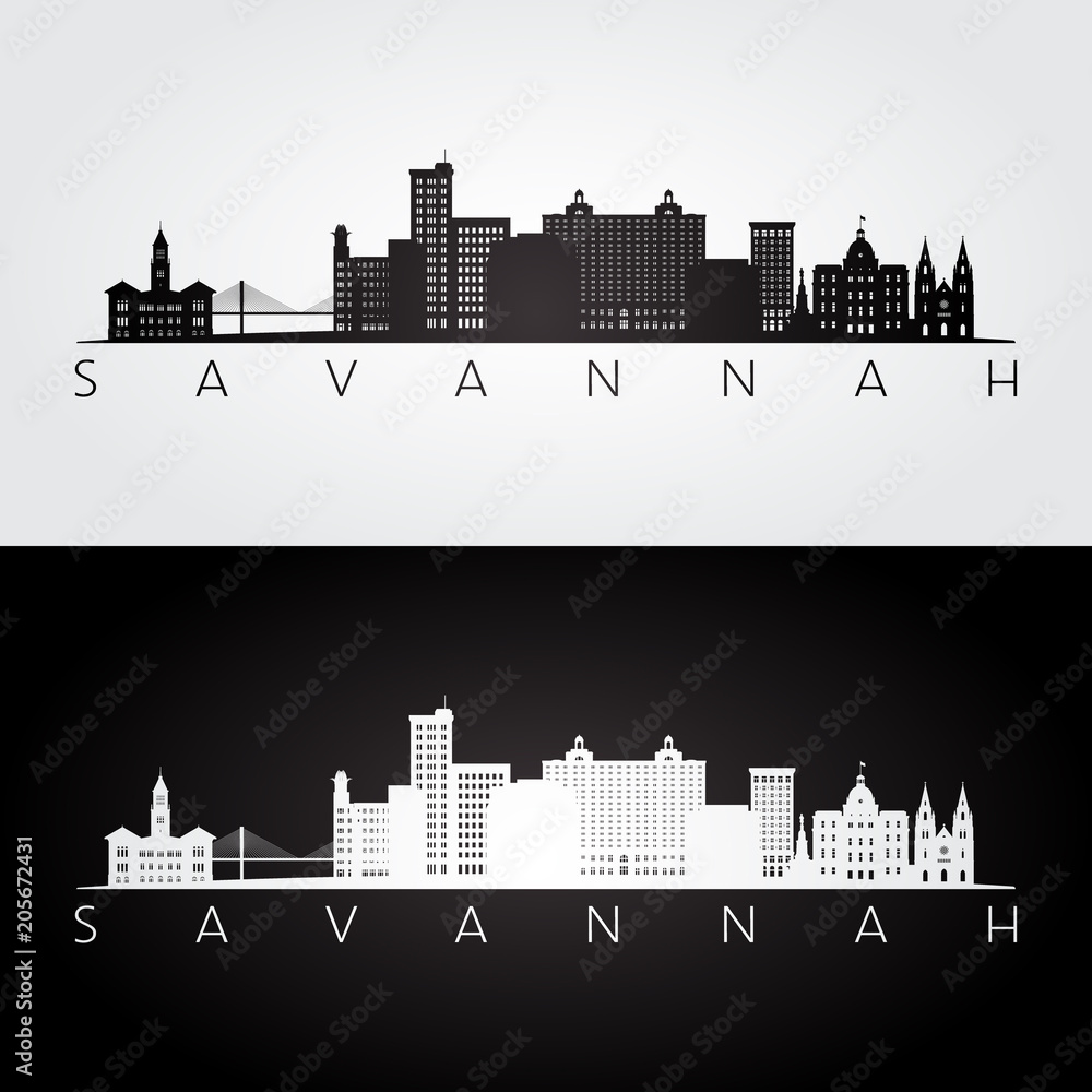 Savannah USA skyline and landmarks silhouette, black and white design, vector illustration.