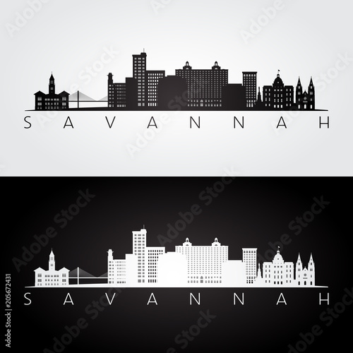 Savannah USA skyline and landmarks silhouette, black and white design, vector illustration.