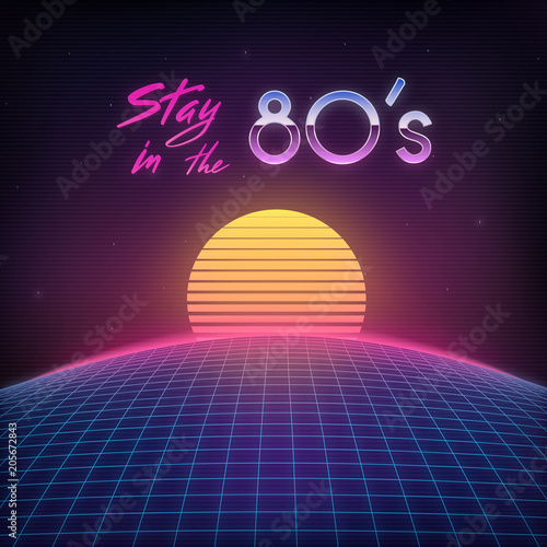 Retro Cover 1980s. Digital planet, space and sun. Laser grid on terrain in cyber world. Retro futuristic background 80s style.