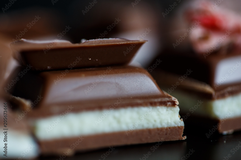 Close-up macro photo of chocolate pieces Close-up macro photo of chocolate pieces