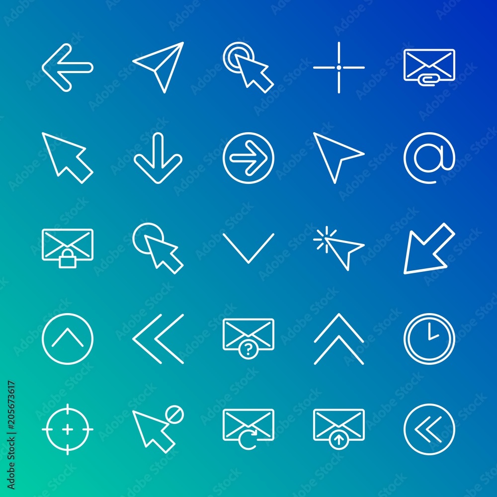 Modern Simple Set of arrows, cursors, email Vector outline Icons. Contains such Icons as pointer, circle, watch, up, arrow, cursor and more on gradient background. Fully Editable. Pixel Perfect. Modern Simple Set of arrows, cursors, email Vector outline Icons. Contains such Icons as pointer, circle, watch, up, arrow, cursor and more on gradient background. Fully Editable. Pixel Perfect.