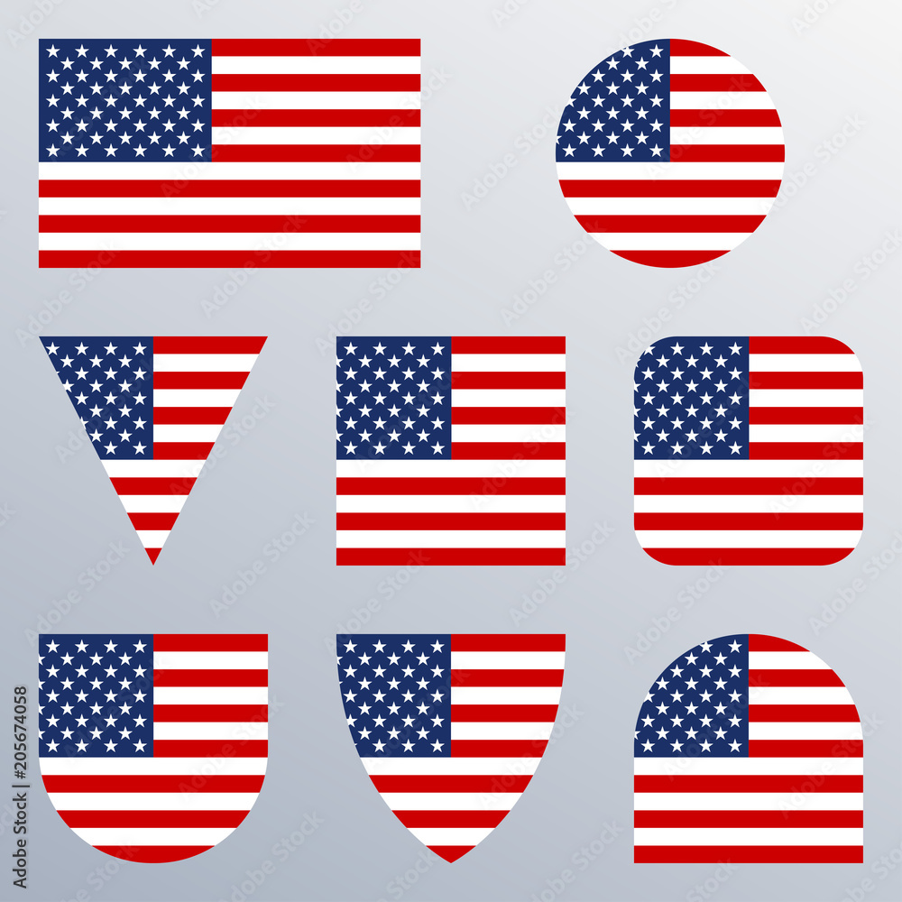 Fototapeta premium Zestaw ikon flagi USA. Amerykańskie flagi w różnych kształtach. Kolekcja przycisk Stany Zjednoczone. Ilustracji wektorowych.