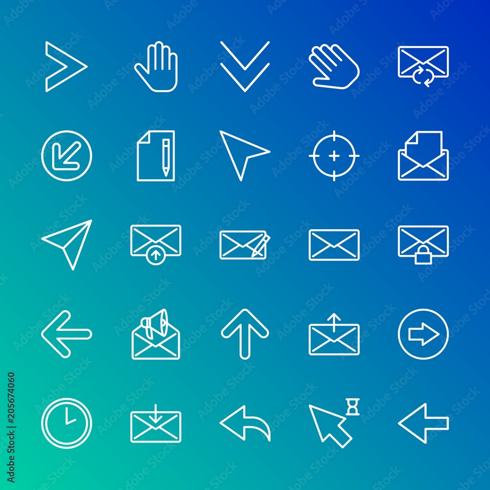 Modern Simple Set of arrows, cursors, email Vector outline Icons. Contains such Icons as envelope, get, clock, left, diagonal, sign and more on gradient background. Fully Editable. Pixel Perfect. Modern Simple Set of arrows, cursors, email Vector outline Icons. Contains such Icons as envelope, get, clock, left, diagonal, sign and more on gradient background. Fully Editable. Pixel Perfect.