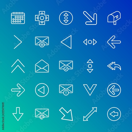 Modern Simple Set of arrows, cursors, email Vector outline Icons. Contains such Icons as  month, up,  button,  down,  next, cursor, open and more on gradient background. Fully Editable. Pixel Perfect.