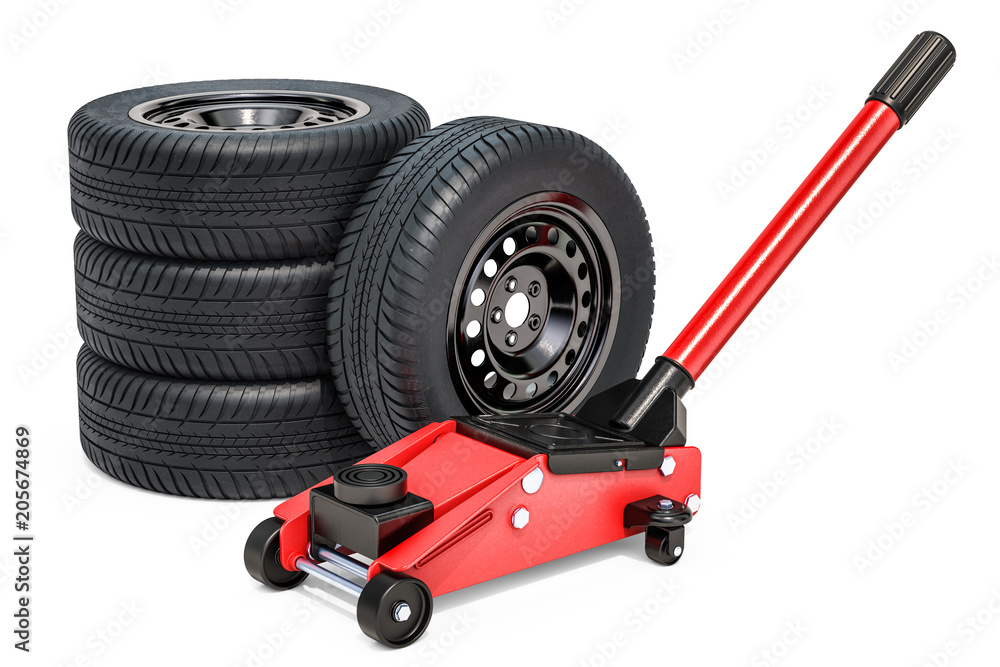 Fototapeta premium Car wheels with hydraulic floor jack, 3D rendering