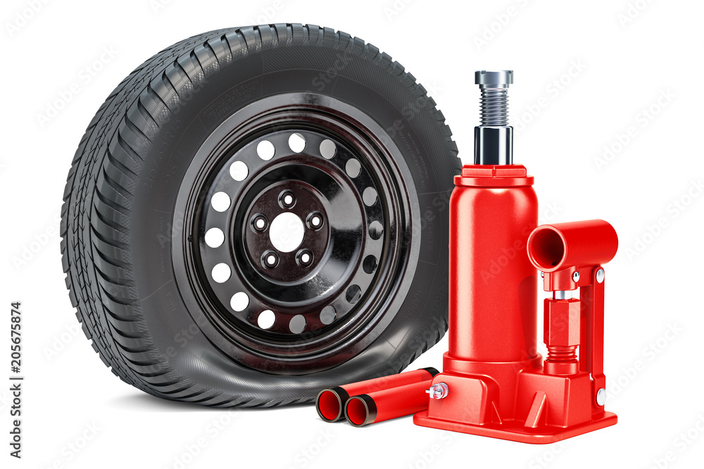 Puncture car wheel with hydraulic bottle jack, 3D rendering Puncture car wheel with hydraulic bottle jack, 3D rendering