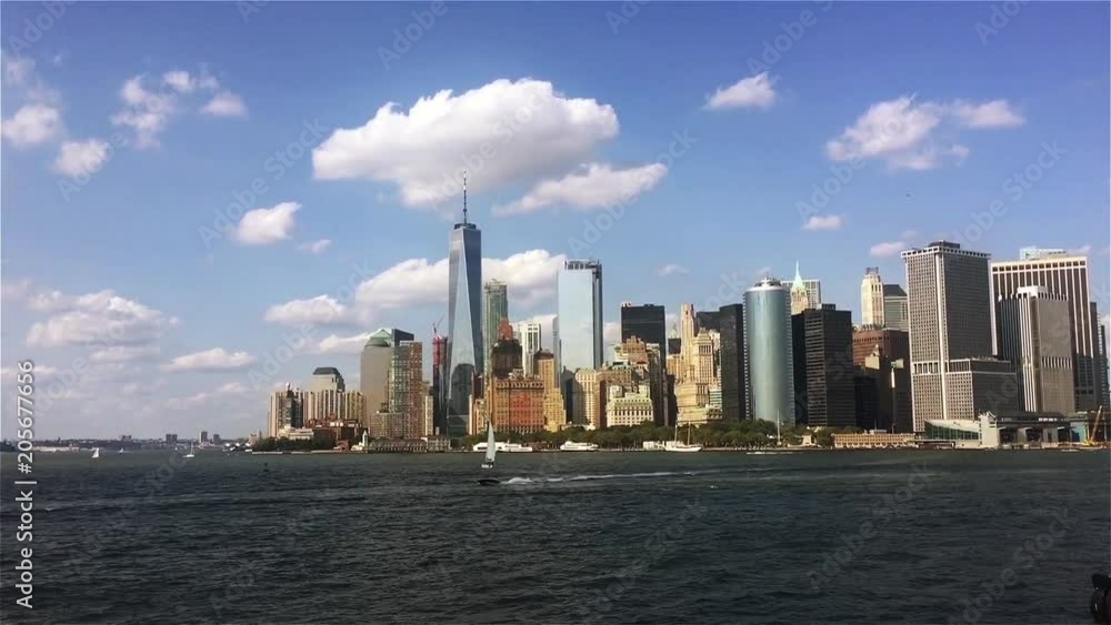 Manhattan Skyline. New York City View From Moving Boat. Manhattan Skyline. New York City View From Moving Boat.