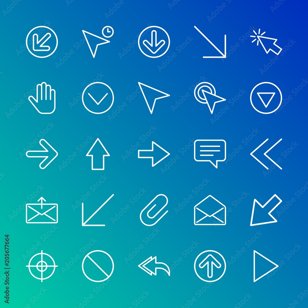 Modern Simple Set of arrows, cursors, email Vector outline Icons. Contains such Icons as message, sign, circle, email, chat, next and more on gradient background. Fully Editable. Pixel Perfect. Modern Simple Set of arrows, cursors, email Vector outline Icons. Contains such Icons as message, sign, circle, email, chat, next and more on gradient background. Fully Editable. Pixel Perfect.