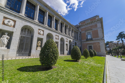 MADRID, SPAIN - MAY 15, 2018: Entrance of El Prado museum with a Statue of Velazquez