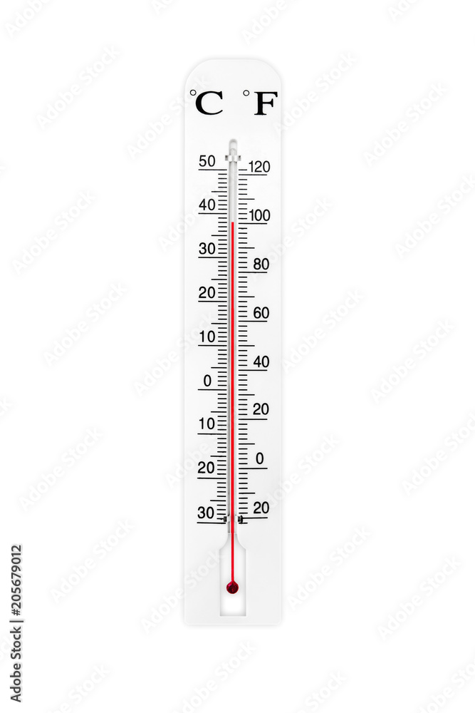 Atmospheric plastic meteorology thermometer isolated on white background. Air temperature plus 38 degrees.