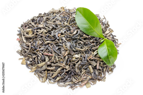 Green tea leaf isolated on white background.