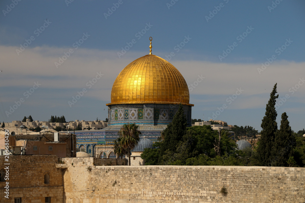 Jerusalem, Israel - May 16, 2018: View of the Dome of the Rock in Jerusalem, the oldest monumental sacred building of Islam and one of the main Islamic shrines.