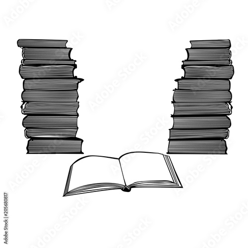 Stack of books and open book