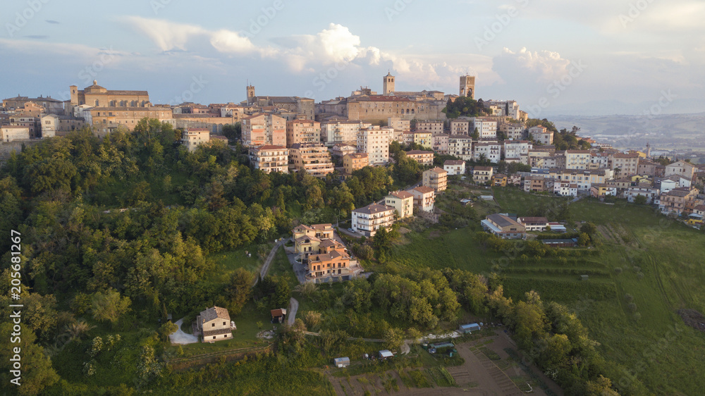 Aerial view of the municipality of Osimo, in the province of Ancona, in the Marche region, in Italy. The historic center, located on the highest hill of the city, called Gòmero, is a mountain tourist 