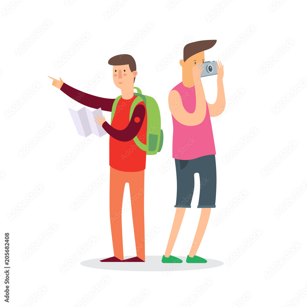 Tourism. Two young tourist looking for route and taking pictures of landmarks. Vector illustration.