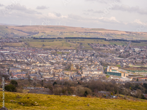 View of Darwen town from moorland around Darwen tower, Lancashire, UK