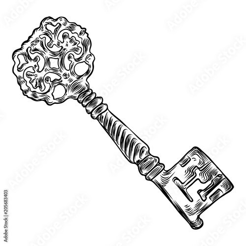 Retro key, vintage style. Key illustration for antiques decoration.  Ornamental medieval hand drawn old realistic design Vector.