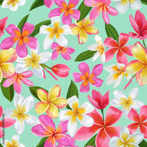 Watercolor Tropical Flowers Seamless Pattern. Floral Hand Drawn Background. Exotic Plumeria Flowers Design for Fabric, Textile, Wallpaper. Vector illustration