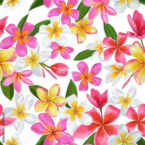 Watercolor Tropical Flowers Seamless Pattern. Floral Hand Drawn Background. Exotic Plumeria Flowers Design for Fabric, Textile, Wallpaper. Vector illustration