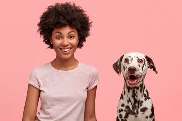 Positive African American female with glad expression and her dalmatian dog being satisfied after walk outdoor, have good relationships, isolated over pink background. Domestic animals and people