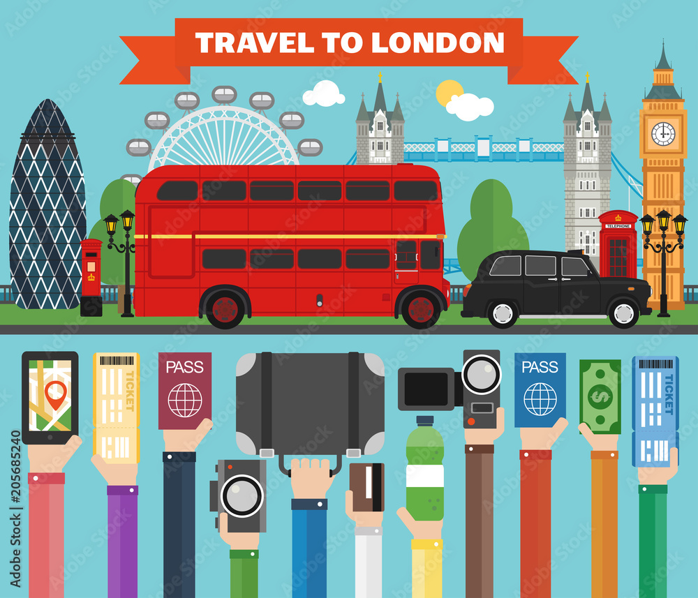 London travel flat concept design with bus and taxi.Vector illustration London travel flat concept design with bus and taxi.Vector illustration