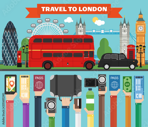 London travel flat concept design with bus and taxi.Vector illustration